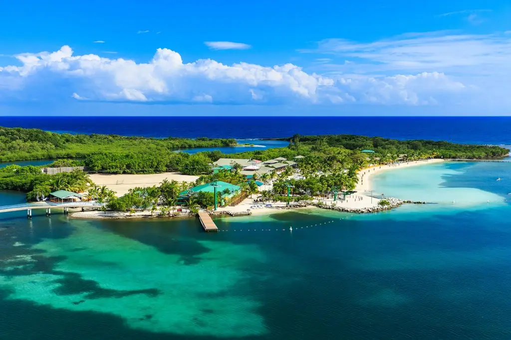 Vibrant reef, tropical island, and blue Caribbean Sea view from Dos Reyes Roatan Charter boat — private fishing, snorkeling, and island-hopping tours in Honduras