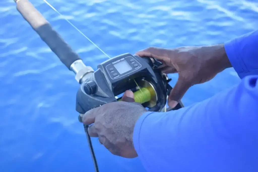 Top-of-the-line Daiwa electric reel used for bottom fishing on Dos Reyes Roatan Charter — premium gear for private deep sea fishing tours in the Caribbean