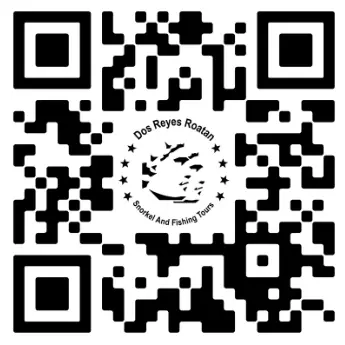 Dos Reyes Roatan Charter logo with QR code for contact info — premier private boat tours, snorkeling, and fishing in Roatan