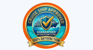 Back to Ship Guaranteed with Dos Reyes Roatan A circular gold and blue "Cruise Ship Approved" badge featuring a large checkmark, a cruise ship, and banners guaranteeing an on-time return to ship and 100% satisfaction.