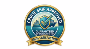 Back to Ship Guaranteed with Dos Reyes Roatan A circular gold and blue "Cruise Ship Approved" badge featuring a large checkmark, a cruise ship, and banners guaranteeing an on-time return to ship and 100% satisfaction.